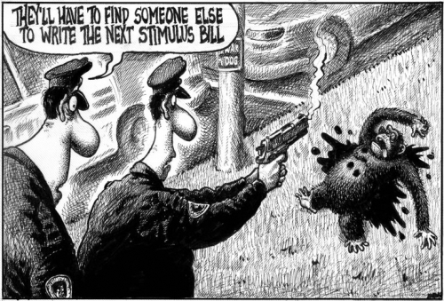 경찰의 총에 맞아 사망한 침팬지를 오바마 대통령이 비유한 뉴욕 포스트의 만평