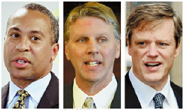 주지사 선거에 나선 드벌 패트릭 주지사, 팀 케이힐 무소속 후보, 찰스 베이커 공화당 후보(사진 왼쪽부터).