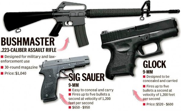 뉴타운 범행에 사용된 총기. 군대에서 사용하는 반자동 M-16이 포함되어 있다. 탄창교환 없이 최고 30발까지 쏠 수 있는 이 총기는 전쟁터에서나 사용할 수 있는 살상용 무기다.