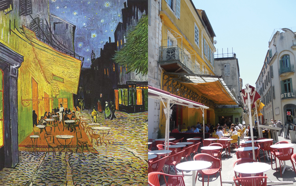 좌: ‘밤의 카페 테라스’ (Cafe Terrace at Nigh, 1888) 우: 그림의 배경이 된 실제 카페모습