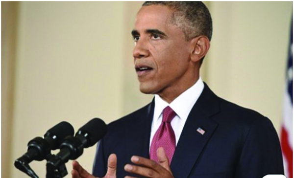 버락 오바마 미국 대통령이 10일(현지시간) 백악관에서 급진 이슬람 수니파 무장세력 '이슬람국가(IS)' 격퇴 전략을 발표하고 있다