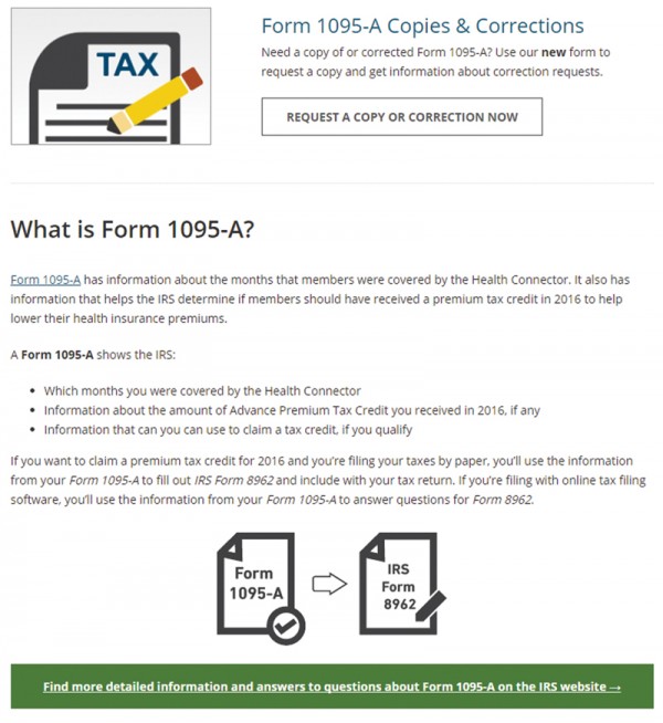 1095-A 양식은 매사추세츠의 경우 헬스커넥터 웹사이트에 접속한 후 중간 정도로 스크롤 다운해 세금정보(Tax Info) 메뉴를 클릭한다