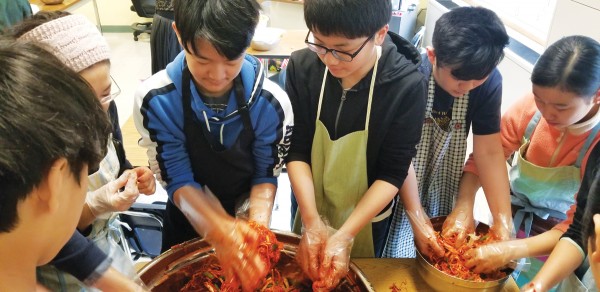 뉴잉글랜드 한국학교(교장 남일) 학생들이 한국문화수업의 일환으로 김치를 직접 담그는 시간을 가졌다