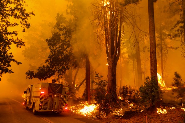 23일(현지시간) 미국 캘리포니아주 요세미티 국립공원 인근 마리포사 카운티에서 '오크 파이어'로 명명된 산불이 맹렬히 타오르고 있다. 요세미티 국립공원 인근에서 전날 발생한 작은 산불이 이날 초대형 산불로 확산하면서 주민 6천여 명에게 대피령이 내려졌다.