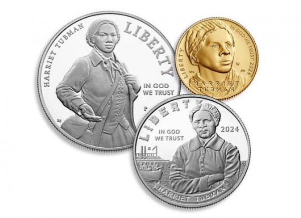 미국 조폐국이 발행한 해리엇 터브먼 기념주화 3종. 왼쪽부터 시계방향으로 1달러짜리 은화·5달러짜리 금화·50센트짜리 은화
